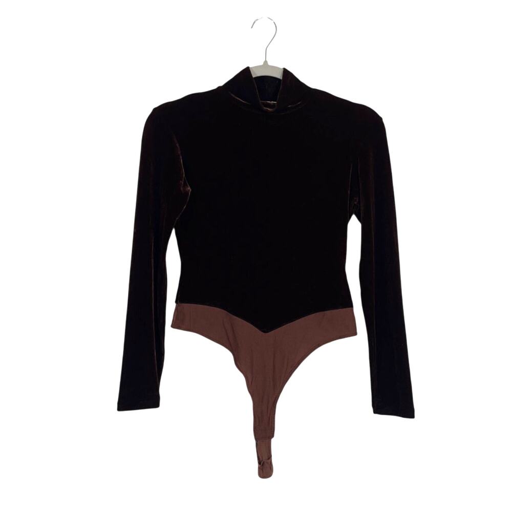 Vintage 90s Cache Chocolate Brown Velvet Mock Neck Bodysuit Size Medium Flaw